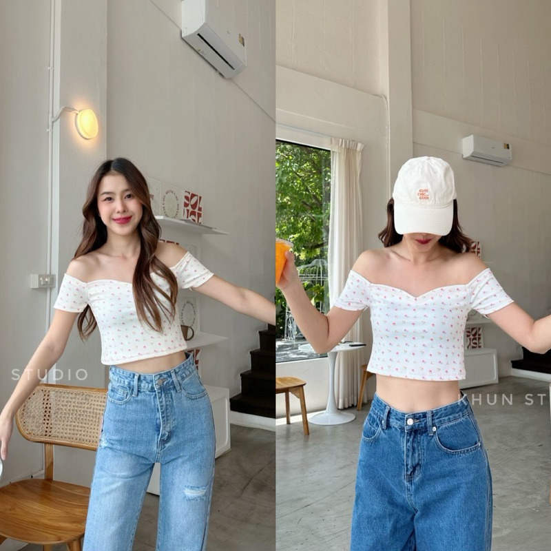khun studio เสื้อปาดไหล่ลายดอก 🌸🐞