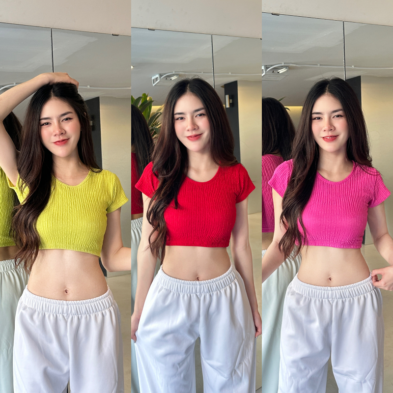 Live x SpinnyHouse เสื้อครอปแขนสั้น ผ้าเปลือกไม้ สวยหรูดูแพงม้าก รุ่น ครอปน้ำแร่ B-045-1-AAA
