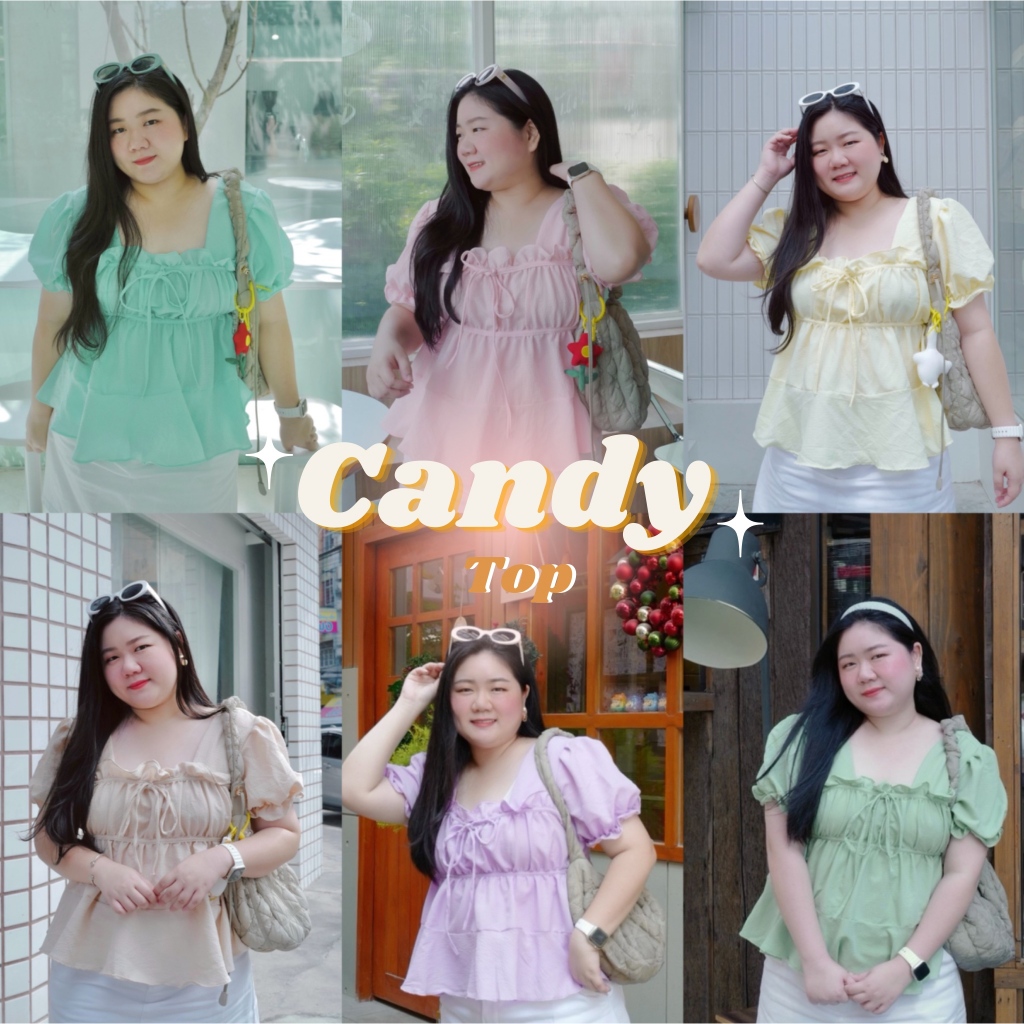 Candy Top เสื้อคอเหลี่ยม แขนจั้มชายระบาย 6 สี #เสื้อผ้าสาวอวบ Plussize
