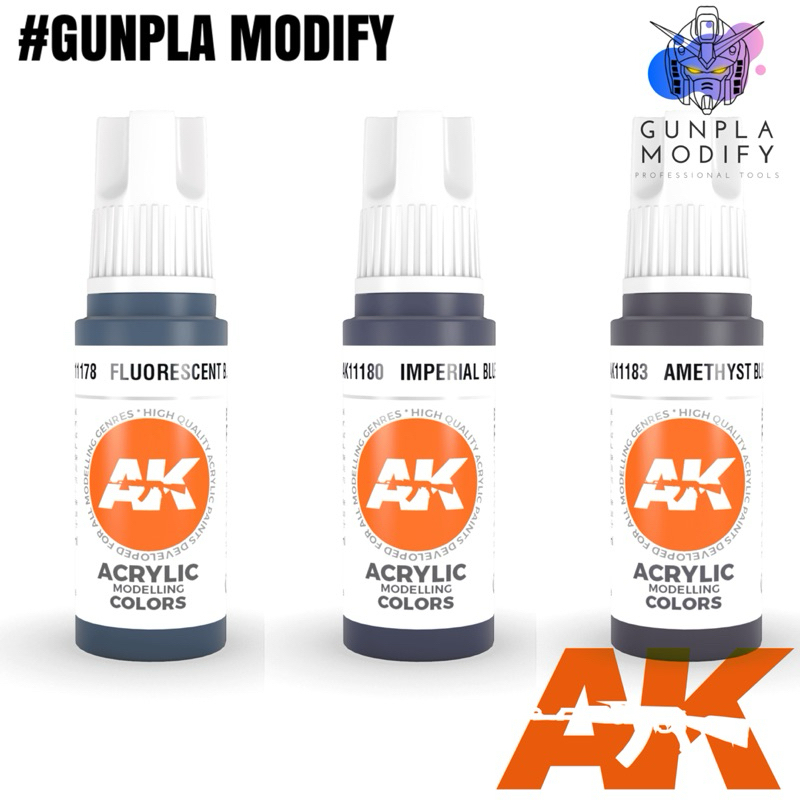 AK Interactive 3G สีอะคริลิคสูตรน้ำ 17 ml Fluorescent Blue, Imperial Blue, Amethyst Blue