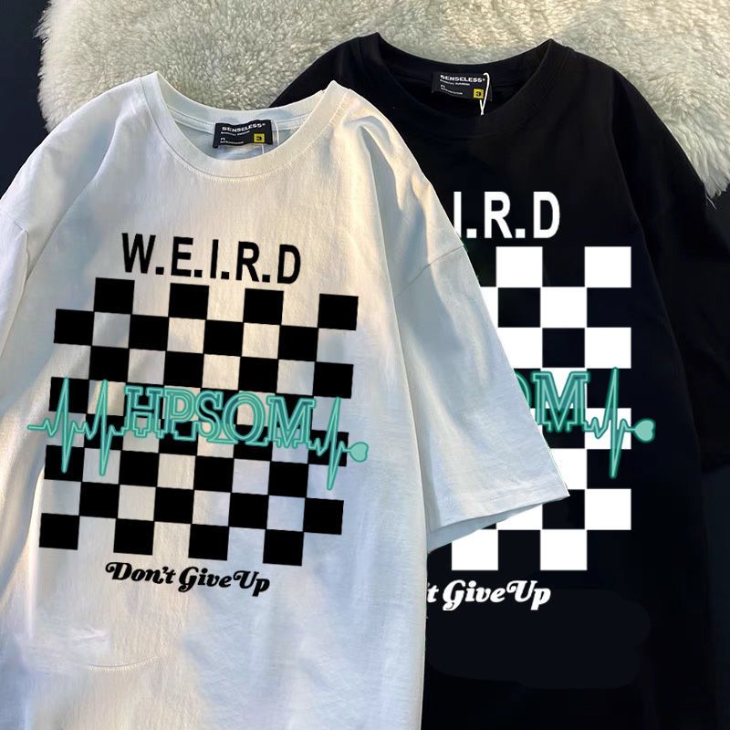 เสื้อยืดแขนสั้นทรงหลวมสไตล์เกาหลีน่ารัก oversize เสื้อผ้าวินเทจผู้หญิง เสื้อโอเวอร์ไซส์สกรีนลายตารางขาวดำ ผ้านิ่มสบาย