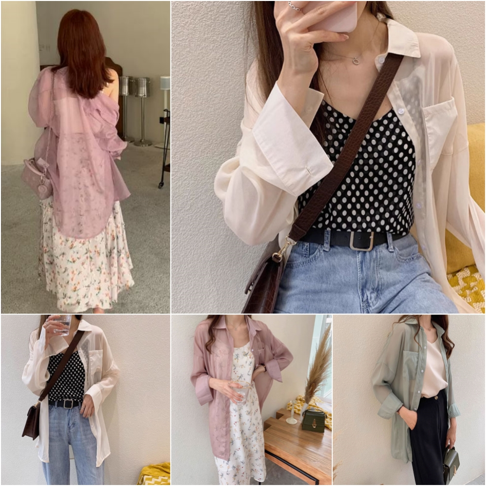 MCB18113 เสื้อเชิ้ตแขนยาว สีขาว/เขียว/ชมพู คอปก ผ้าชีฟองบางพริ้วใส่สบายสไตล์เกาหลี สําหรับผู้หญิง Fr