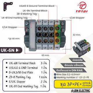 UK-6N Terminal block kit เทอมินอลบล็อก 0.2-6.0 qs.mm สีเทา พร้อมอุปกรณ์ประกอบ (ชุด 3P+N-PE, ชุด 3P+PE, ชุด 3P+N, ชุด 3P)