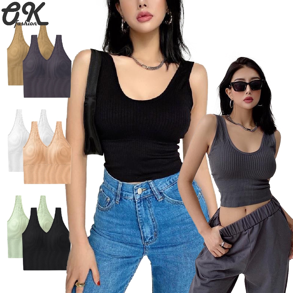 SB 881 เสื้อครอปแขนกุด ไหมพรม ดีไซน์เข้ารูป เสื้อครอปแฟชั่น