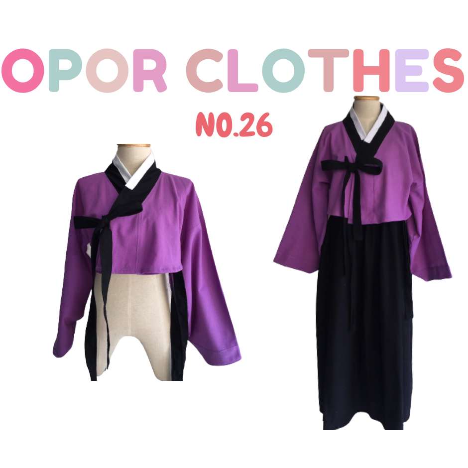 เสื้อครอปฮันบกสั้นม่วง-โบว์ดำK-031