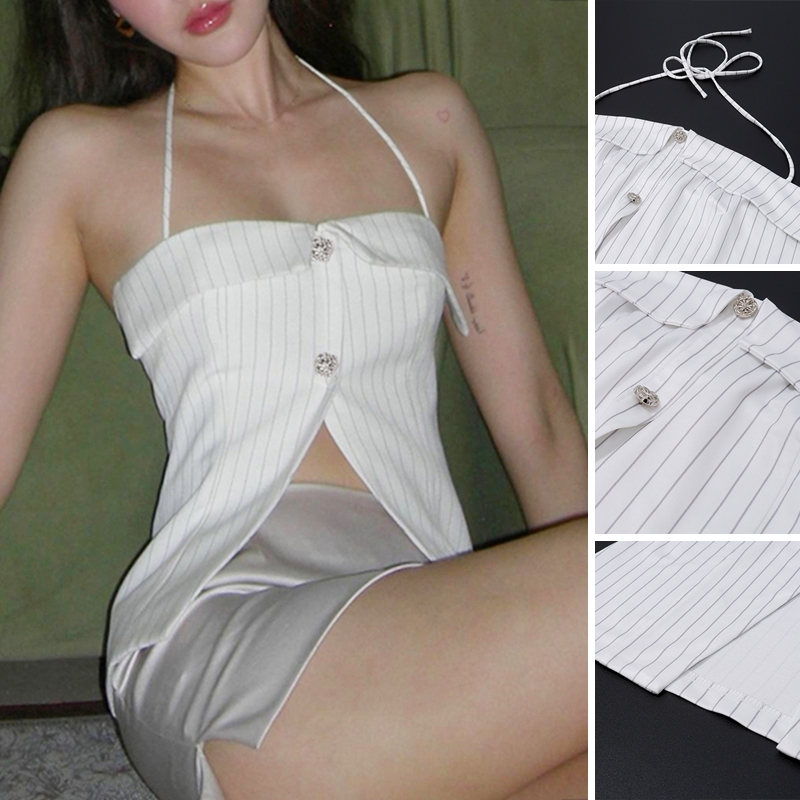 ผู้หญิงเสื้อกั๊กลายปุ่มเสื้อแขนกุดคอหนึ่ง ฤดูร้อน Backless สั้นด้านบนถนน
