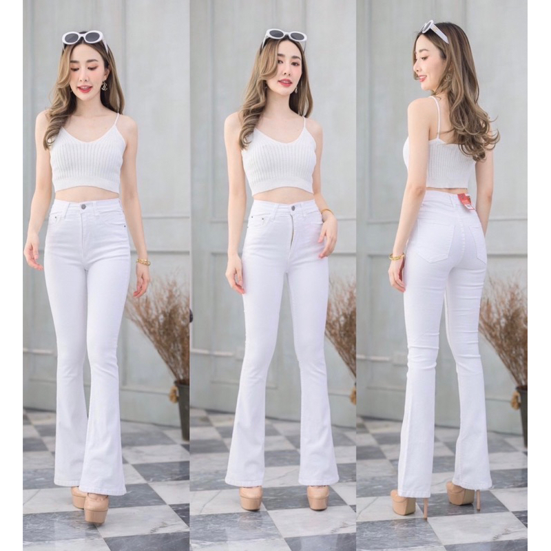 กางเกงยีนส์ขาม้าสีขาว ผ้ายืดกระชับใส่สบาย ใส่ทำงานหรือใส่เที่ยวก็ได้