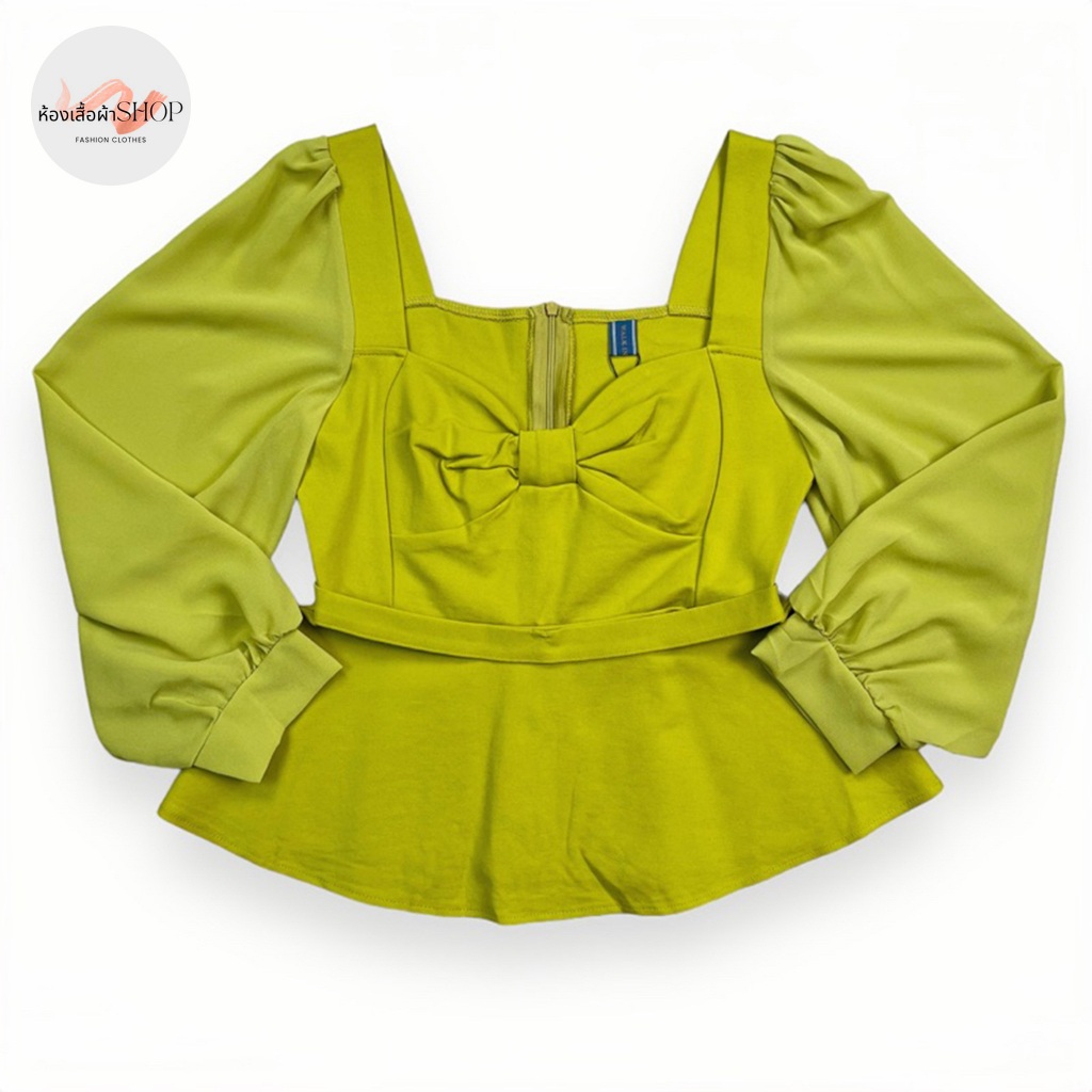 เสื้อเบลาส์ ผู้หญิง สไตล์น่ารัก โบว์หน้า แขนพอง สายคล้องเอว รุ่น 061204
