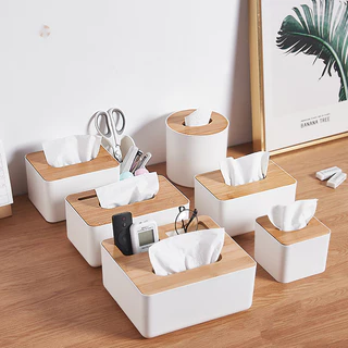 jjdaily2 กล่องใส่กระดาษทิชชู่ แบบไม้+พลาสติก (Tissue​ Box) ที่ใส่ทิชชู่มินิมอล มีฝาปิด มีหลายรูปแบบ น้ำหนักเบา