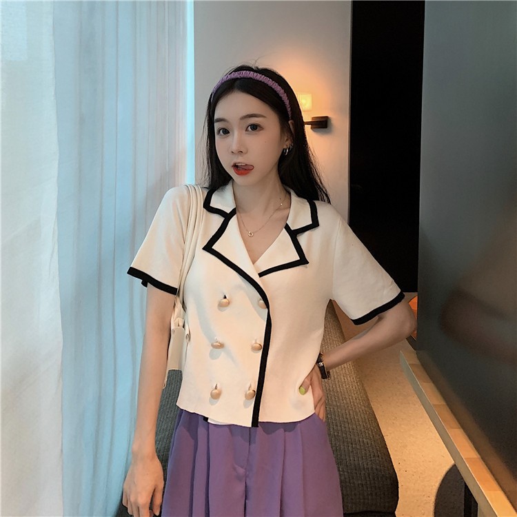 เสื้อไหมพรม ทรงสูท แฟชั่นผู้หญิง คอปก POLO กระดุมทอง สีชมพู สีขาว สีเลม่อน สีดำ สไตล์เกาหลี สตรีท คาเฟ่