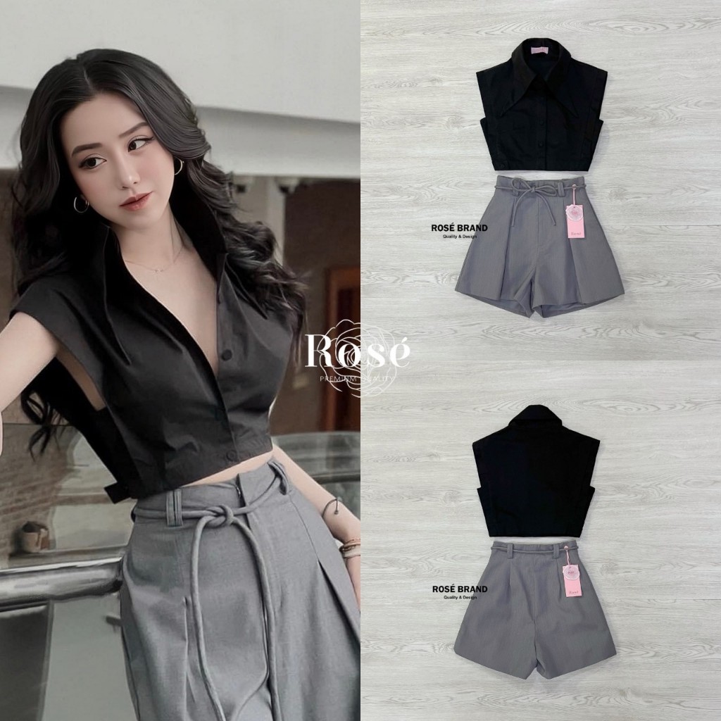 Rosé เซทเสื้อคอปกแขนกุดสีดำ คอปกปลายแหลม เนื้อผ้าเชิ้ต มากับกางเกงขาสั้นเอวสูงสีเทา