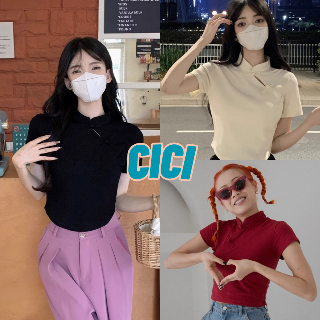 ส่งทันที Cici(NO. A1340-2)เสื้อครอปแขนสั้นคอจีน ไหมพรมผ้าร่อง ผ้ายืด ใส่สบาย สไตล์ตรุษจีน