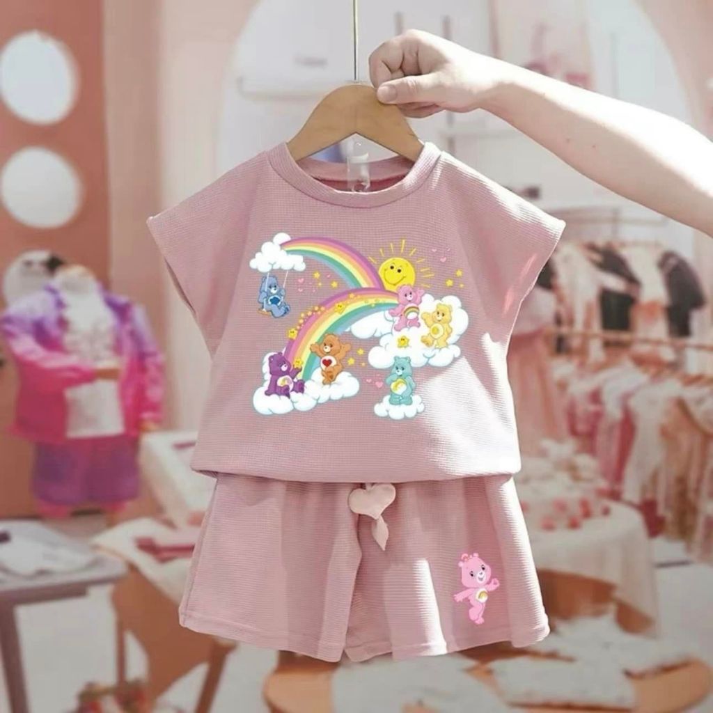 พร้อมส่ง ชุดผ้าวาฟเฟิล ชุดเซ็ทเด็กลายหมีแคร์แบร์ ได้เสื้อและกางเกง