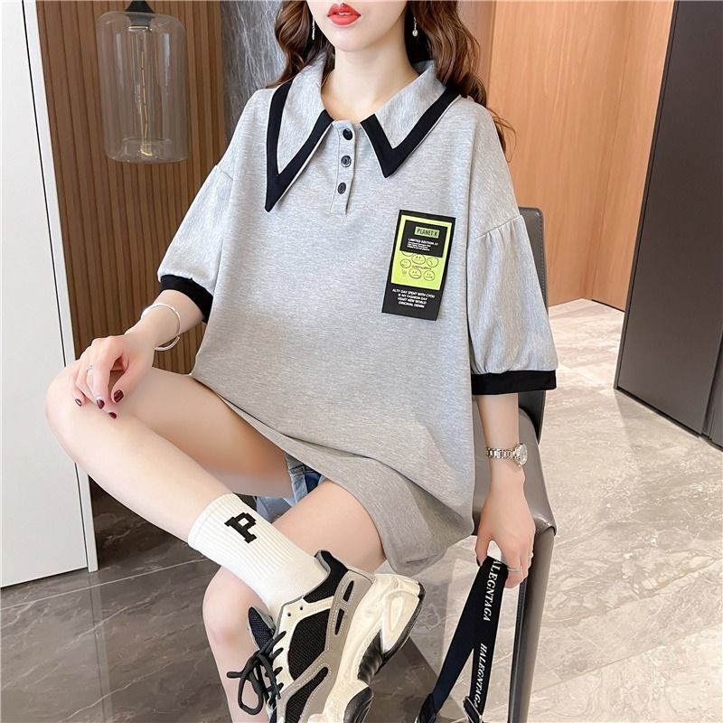 เสื้อแขนสั้นคอปกปลายแหลม Oversize {อก 52 นิ้ว} สีพื้น แต่งป้าย ผ้าจูติไมโครบาง สินค้าพร้อมส่ง A20