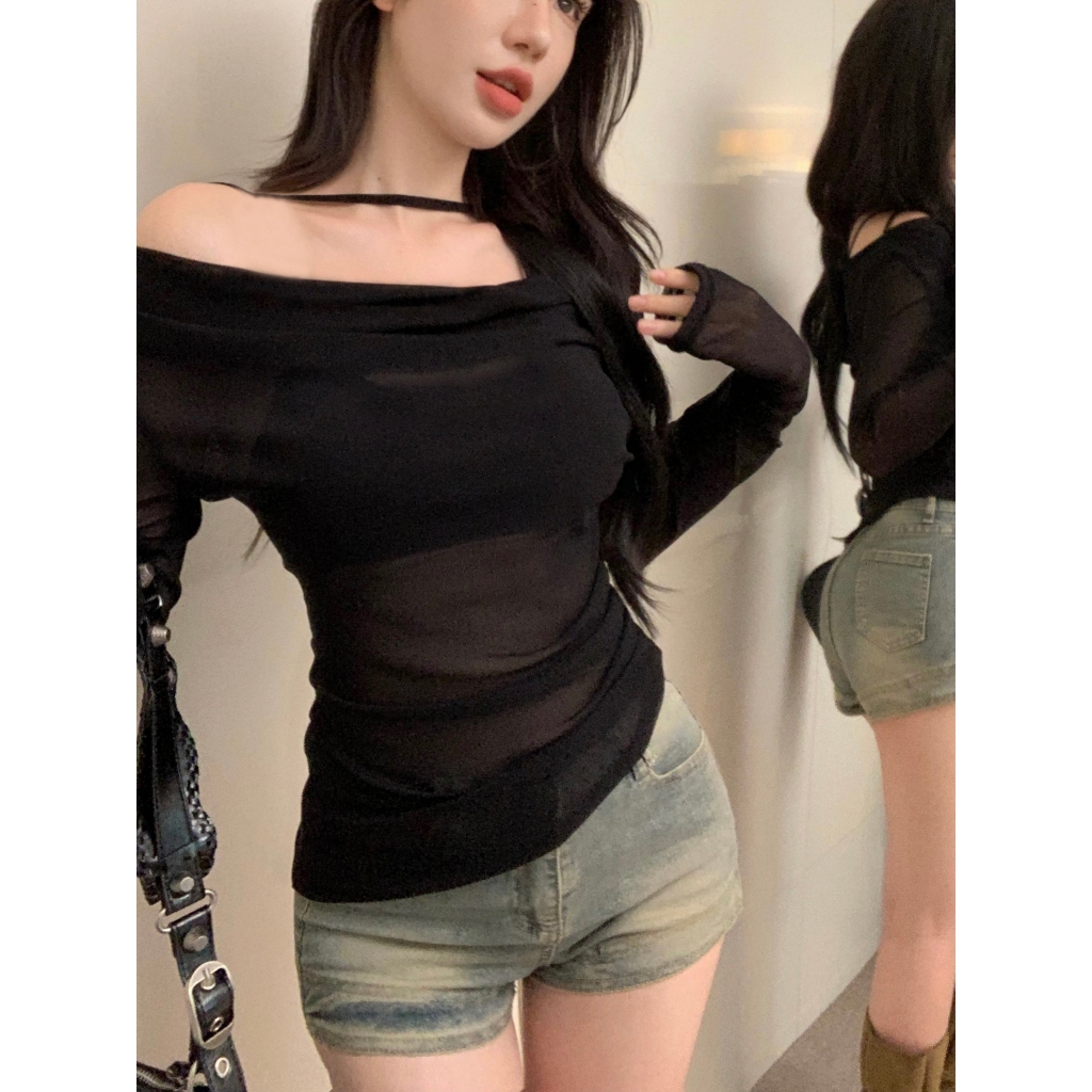 Dahong เสื้อปาดไหล่แขนยาว เสื้อปาดไหล่แฟชั่น สุดเซ็กซี่ เเซ่บยั่วๆ เเต่มีความหรูเลอค่า W268
