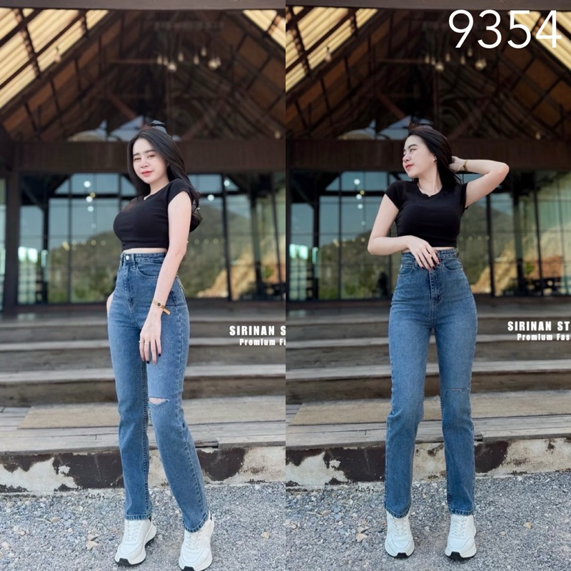 กางเกงยีนส์ขากระบอกเล็ก ผ้ายืด แต่งขาดเข่า ป้าย sirinan #9354