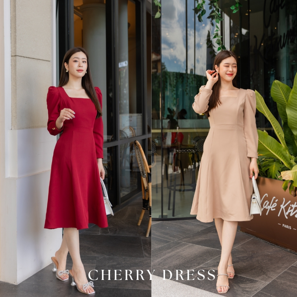 [Chercloset] Cherry dress เดรสทำงาน ออกงาน ดีไซน์ทรงไหล่วิคตอเรียน ทำให้ดูไหล่ตั้งทรงสวยสง่าใส่สบายส่งฟรีมีปลายทาง