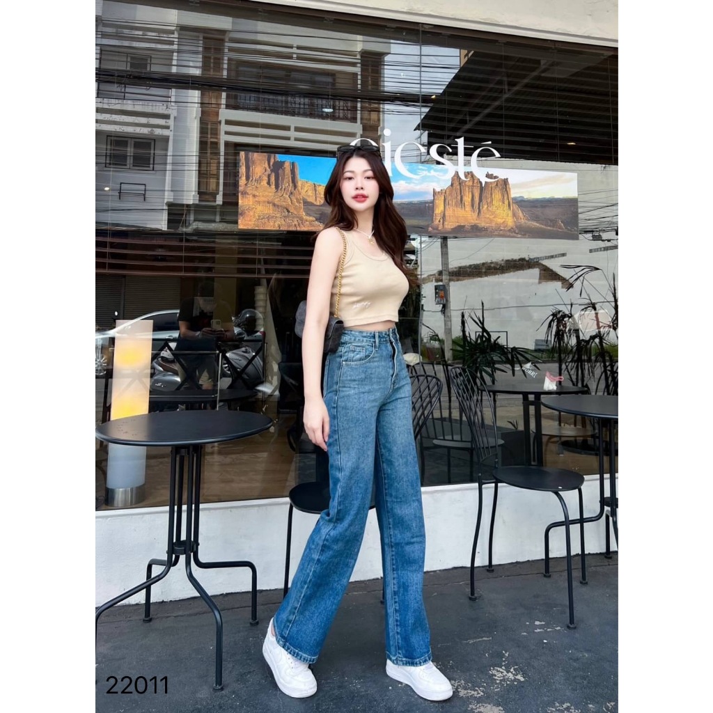 Jsara Jeans 22011 กางเกงยีนส์ขายาว กระบอกกลางเอวสูง ไล่เฟต