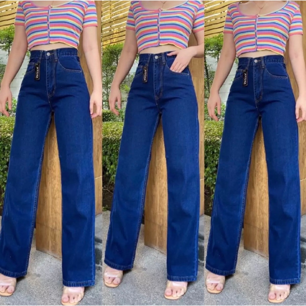 TwiceJeans ยีนส์ทรงกระบอก ขาตรง วินเทจ เอวสูง เรียบ ผ้ายีนส์ไม่ยืด ยีนส์ผู้หญิง สียีนส์เข้ม