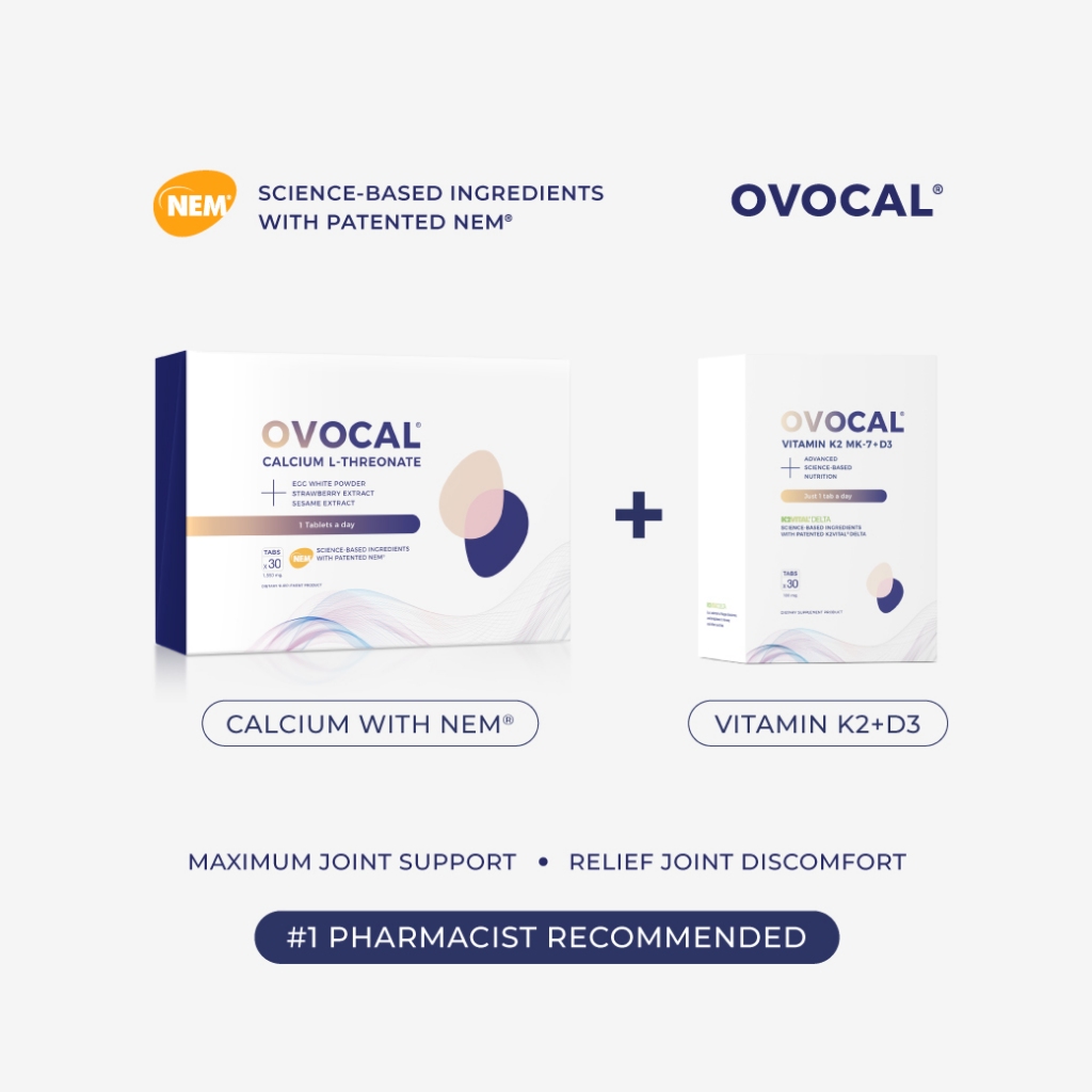 OVOCAL Calcium L-Threonate + NEM® for joint 30 tab + Vitamin K2+D3 30 tab ชุดแก้ปวดเข่า ฟื้นฟูข้อเข่าเสื่อมและสลายพังผืด