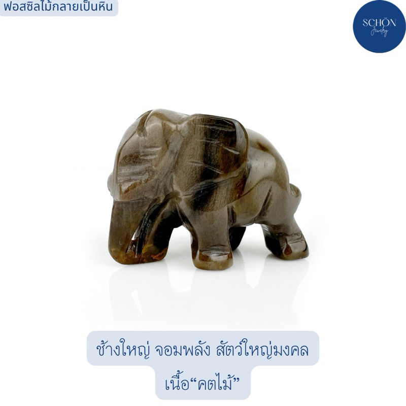 2-R-12 ช้างแกะสลักเนื้อคตไม้ ช้างแกะสลักจากฟอสซิลไม้กลายเป็นหิน ขนาด 48*25*35มิล ลายไม้สวย วัตถุทนสิทธิ์ มงคล
