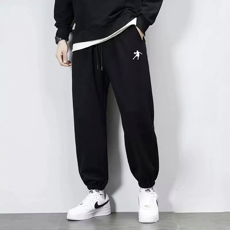 กางเกงวอร์มขายาวผู้ชายกางเกงลำลองทรงหลวมแบบหนาแบรนด์อินเทรนด์บาสเก็ตบอลสีเทาดำกางเก