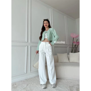 Acasey เสื้อสูทผู้หญิง Blazer Crop Tweed เสื้อคลุมทวิตแขนยาว สีพาสเทล น่ารักตะมุตะมิ
