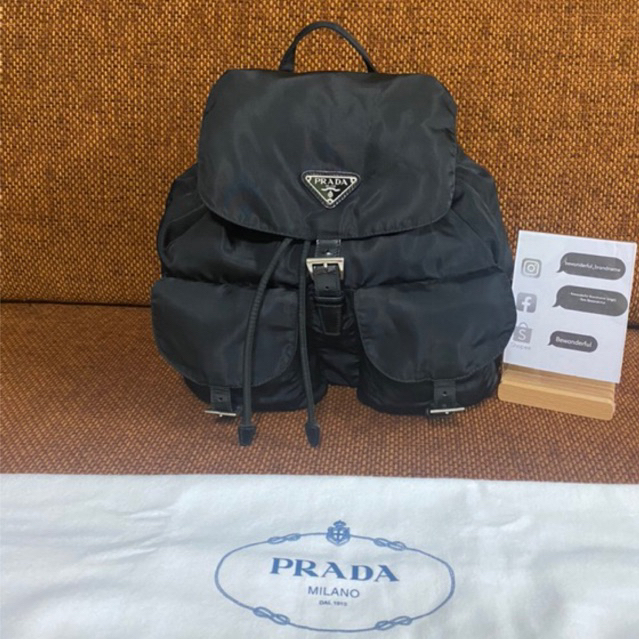 PRADA Double pocket Nylon Backpack size M ของแท้ ปราด้า เป้ กระเป๋าแบรนด์เนม มือสอง