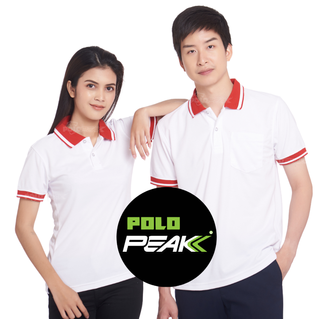เสื้อโปโลสีขาว ปกแดงริ้วขาว polopeak