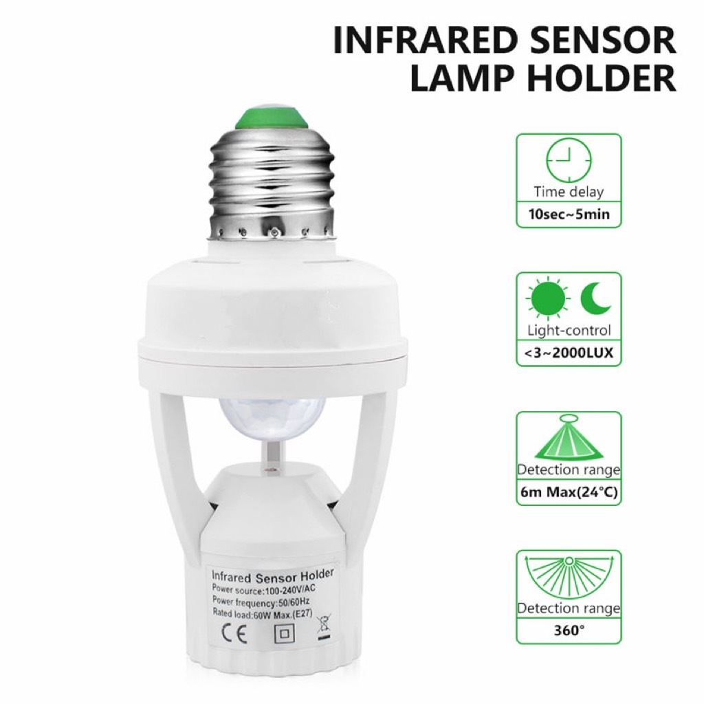 หลอดไฟติดอัตโนมัติ ขั้วหลอดไฟอัจฉริยะ 220V/AC E27 เซ็นเซอร์ตรวจจับการเคลื่อนไหว Infrared sensor ใช้งานในโรงรถ