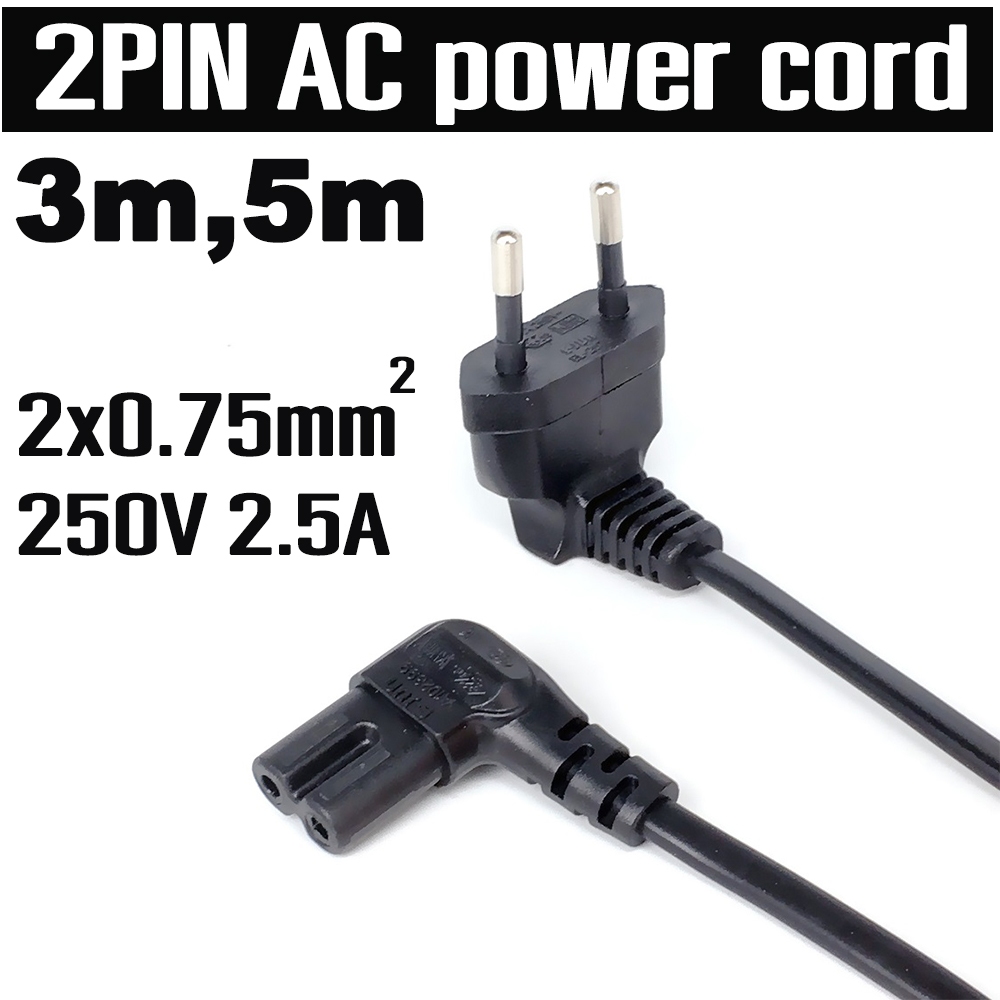 สายไฟ AC 2PIN สีดำ ยาว 3เมตร 5เมตร AC power cord C7 EU Type Angled 90 degree For samsung sony LED TV