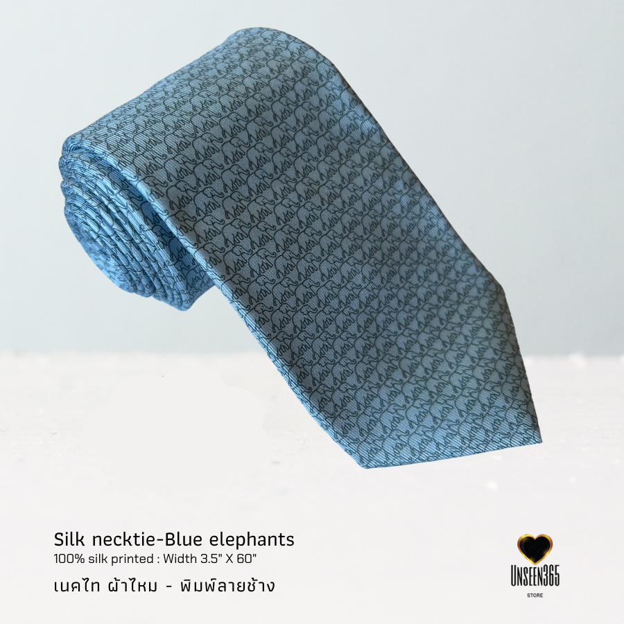 เนคไทผ้าไหม พิมพ์ลายช้างฟ้า Silk necktie printed ฺฺBlue Elephants  AL 05 - จิม ทอมป์สัน -Jim Thompson