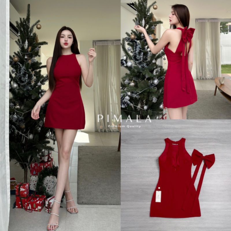 Pimala เดรส+เข็มกลัดโบว์ เดรสแขนกุดทรงสวยเรียบหรู ดีไซน์เป็นสายคู่ด้านหลังเซ็กซี่เบาๆมาคู่โบว์สายยาว