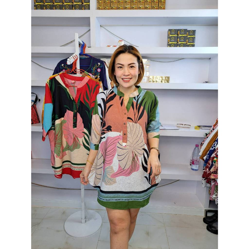 ช229///เสื้อโปโลคอจีนแขนยาวใบโพธิ์ผ้าไหมอิตาลี ฟรีไซ48-50นิ้ว ยาว32นิ้ว หน้าผ้า50นิ้ว ราคา209บาท