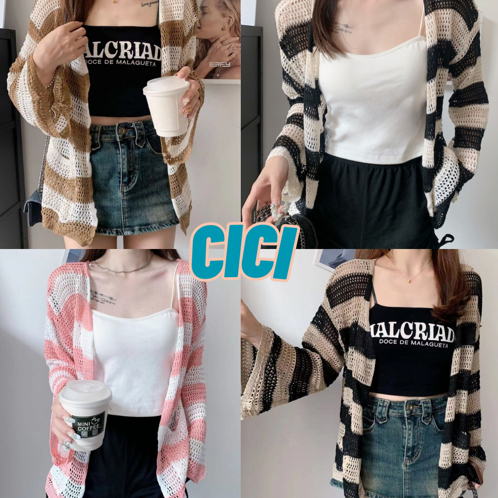 ส่งทันที Cici(NO. 1122)เสื้อคลุมผ้าถักตาข่าย ดีเทลกระเป๋าด้านหน้าสามารถใช้งานได้จริงสไตล์เกาหลี