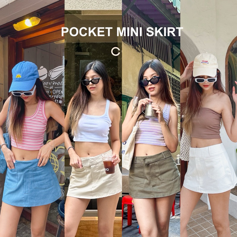 COZY CLUB. - POCKET MINI SKIRT กระโปรงสั้นเอวต่ำผ้ายีนส์ กระเป๋าหน้า
