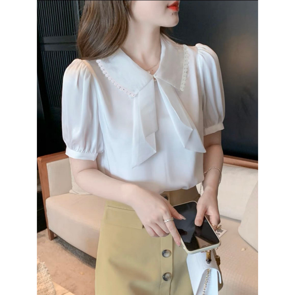 ส่งไว เก็บโค้ดหน้ากิจกรรม โค้ดลด 30% สูงสุด 150.- ♡̷ เสื้อคอปกโบว์แต่งขอบลูกไม้ปอมน่ารัก