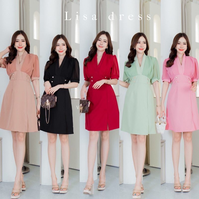 Lisa dress เดรสออกงาน เดรสทำงาน เดรสแฟชั่น งานไขว้หน้าแต่งชีฟองกระดุมหัวใจ