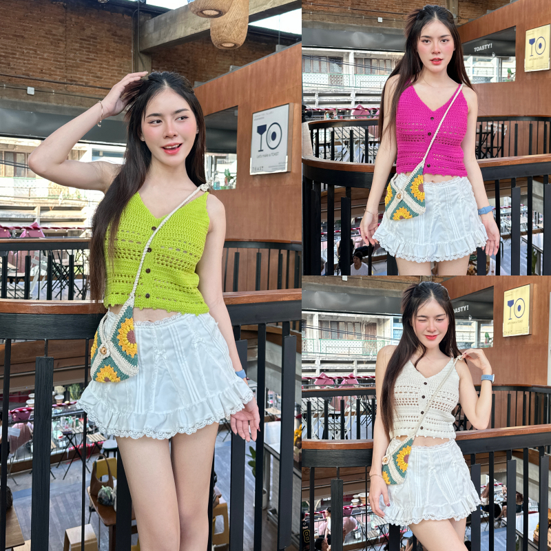 SpinnyHouse เสื้อสายเดี่ยว ผ้าไหมพรมถัก ใส่เที่ยวทะเล รุ่นนี้คือต้องมี ใส่เที่ยวเขา รุ่น แซลม่อน B-003-4-A