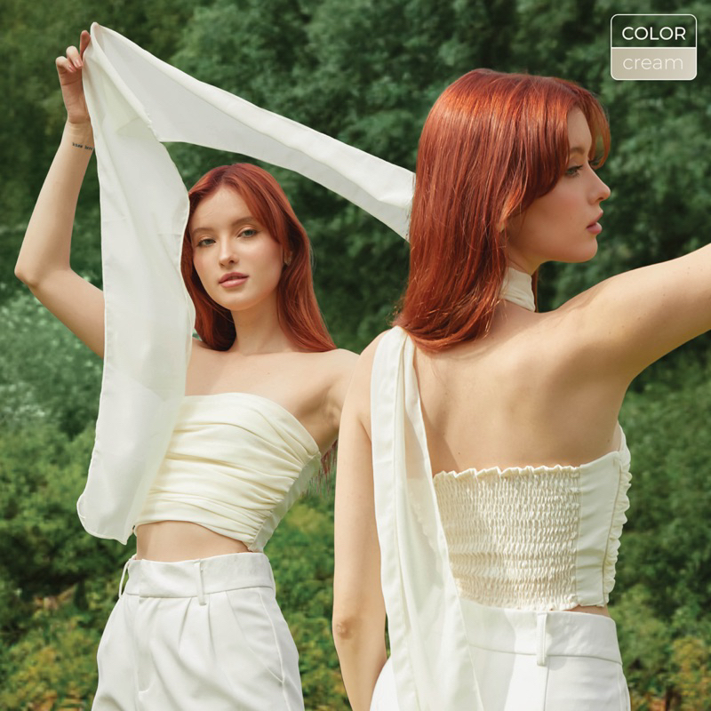 [LOT สุดท้าย ไม่ผลิตเพิ่ม] ellaelle.store - Ella Top | เกาะอกซาตินจับจีบชีฟอง แถมผ้าพันคอใน Set