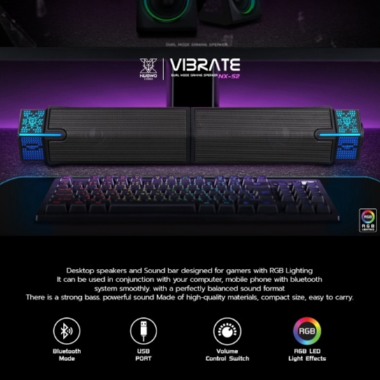 Nubwo NX-S2 VIBRATE ลำโพงบลูทูธ ไฟ RGB พร้อมปุ่มปรับระดับเสียง เบสแน่น ประกอบเป็นลำโพงแบบยาวได้