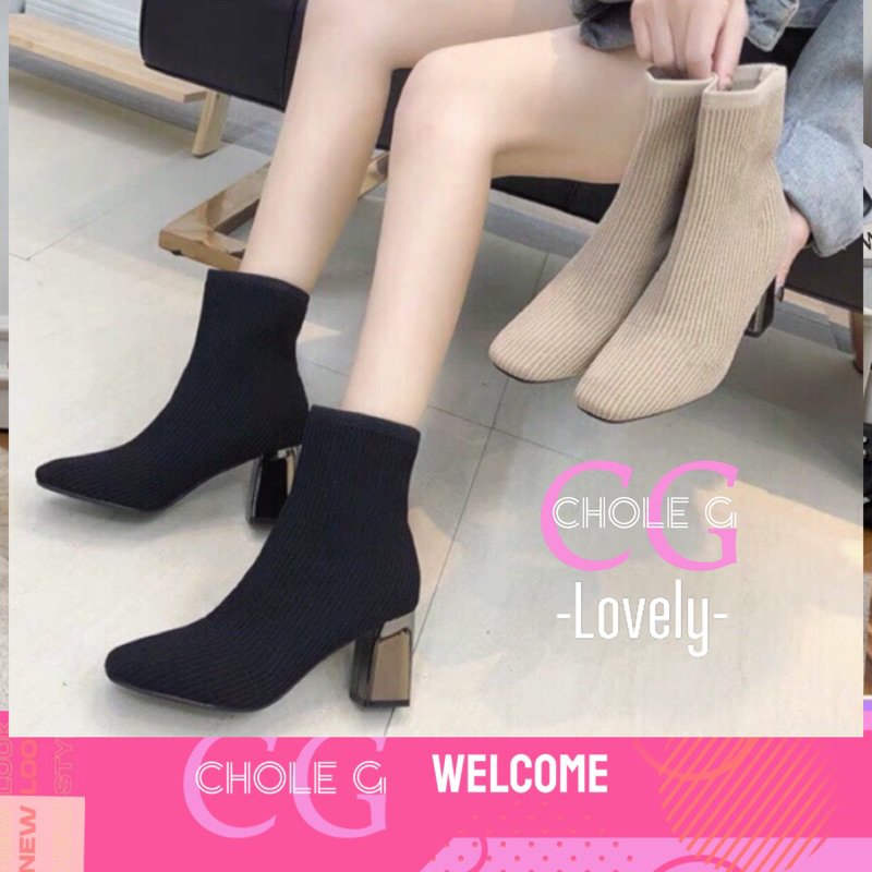 Chole G:Lovely Sock Hit Short Boots รองเท้าบูทสั้น ส้นเงินรุ่นฮิต เนื้อผ้ายืดได้ ส้นสูง7cm(SH0091)