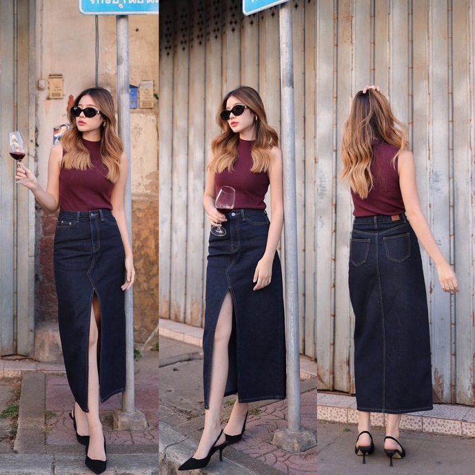 N7066 CUT OFF FRONT-SLIT DENIM SKIRT IN DARK NAVY - NUMBERSEVEN