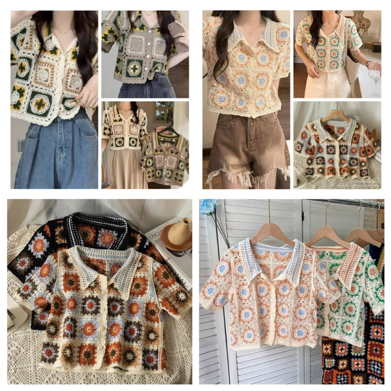 พร้อมส่งคะ เสื้อครอป เสื้อถักโครเชต์ เสื้อไหมพรมถัก สไตล์เกาหลี