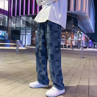 #050#L-3XL#BOYกางเกงยีนส์ผู้ชายลายสก๊อตเอวยางยืดมีเชือกผูกที…