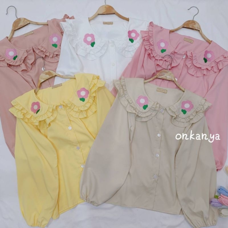 144เสื้อคอบัวสองชั้นปักดอกชมพู