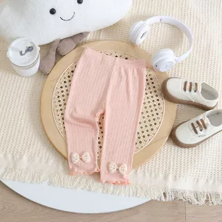 Babyonline(Y214)G1 (ส่งด่วน1วัน)กางเกงเลคกิ้งขายาวสำหรับเด็กผู้หญิงแต่งโบว์น่ารัก ผ้าฝ้าย นิ่ม ใส่สบาย