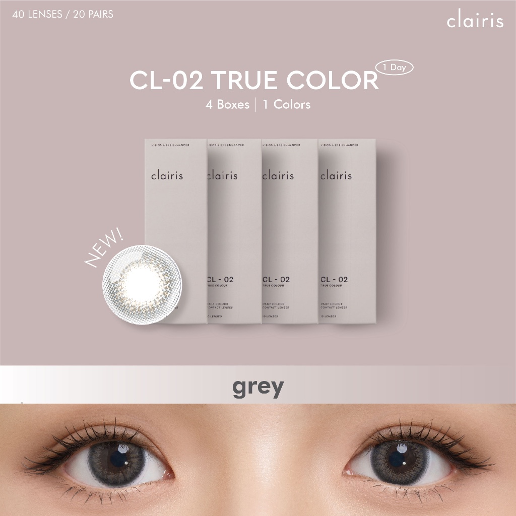 [เฉพาะ-1.50ขึ้นไปเเถม1กล่องคละสี](NEW)Clairis 1Day (เซ็ต 4 กล่อง 20 คู่) สี True Grey รุ่น CL-02 TRU