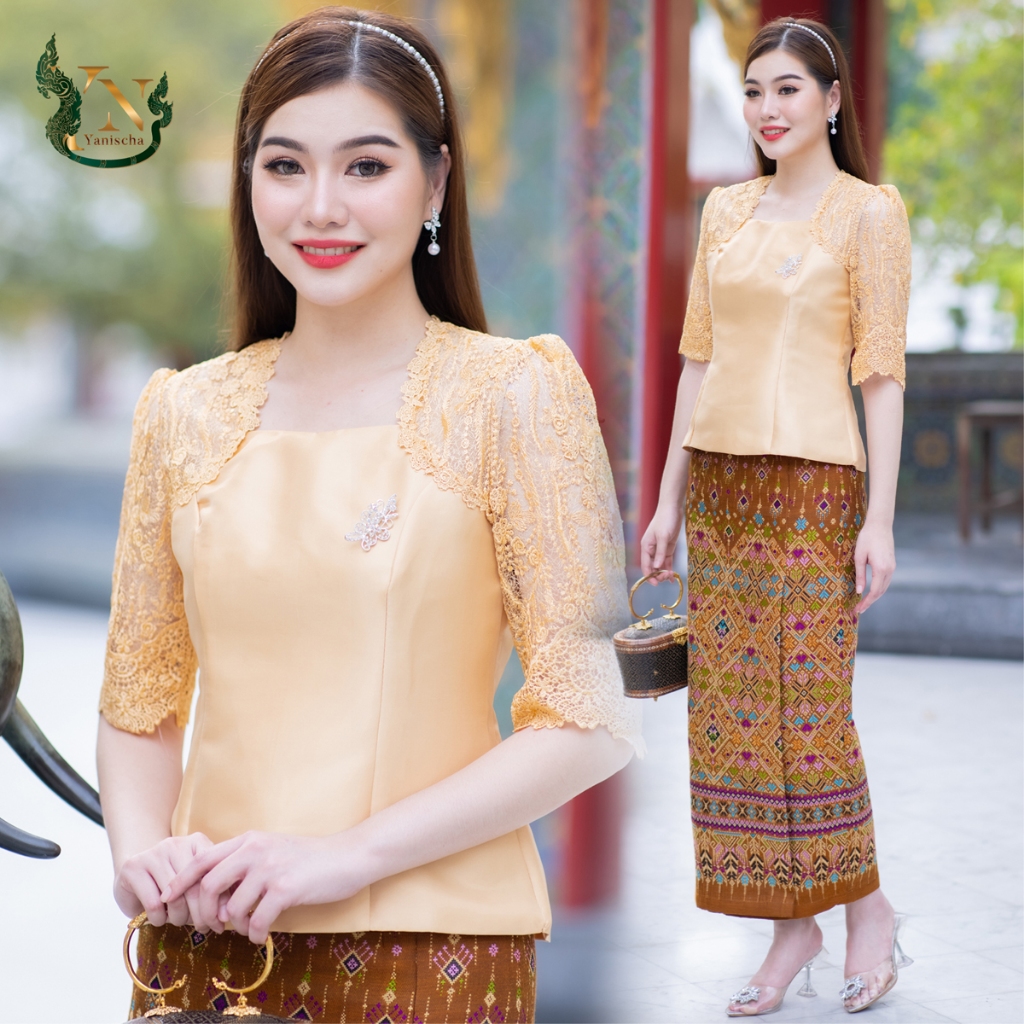 เสื้อไหมญี่ปุ่น แต่งแขนด้วยผ้าลูกไม้ใยบวบ เกรดพรีเมี่ยม จับเซ็ทคู่ - ผ้าถุง ชุดผ้าไหม ชุดออกงาน ไปวัด ทำบุญ