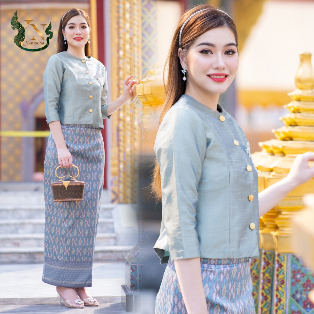 ชุดผ้าไหม เสื้อผ้าไหม ชุดออกงาน ไปวัด ทำบุญ - รุ่นกระดุมทอง ผ้าไหมแพรทิพย์